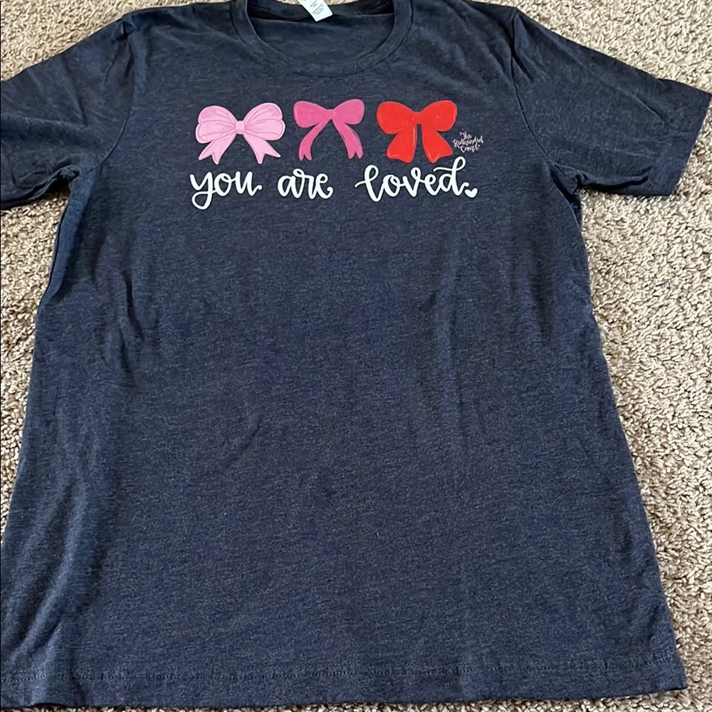 You Are Loved Graphic Tee Shirt - Heather blue with Pink and Red Bows